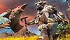 Ever-expanding universe key features screengrab of character kneeling while holding an axe.